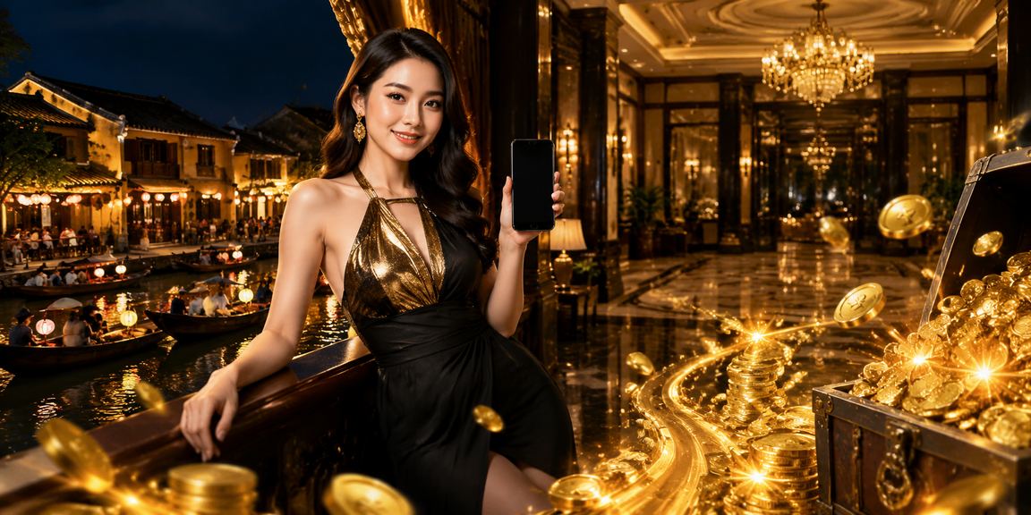 Cô gái sử dụng điện thoại chơi casino trực tuyến tại Hội An