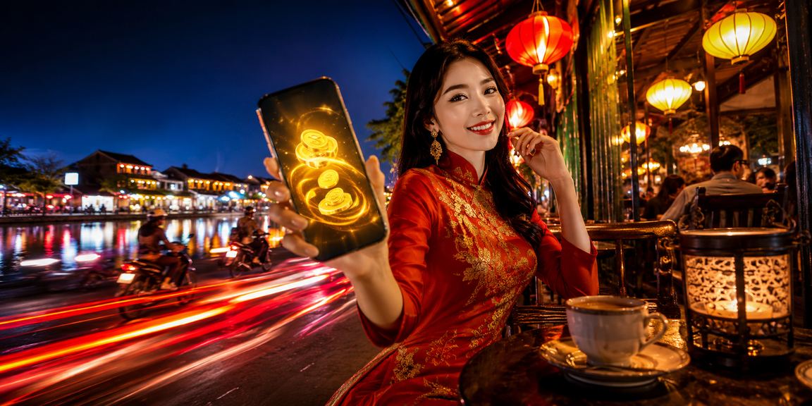 Người dùng nhận hoàn tiền cá cược tại Hội An bên ly cà phê
